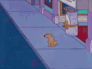 a cartoon dog is sitting on a sidewalk in front of a store that says laundry