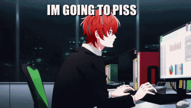 a man with red hair is sitting in front of a computer with the words im going to piss written above him