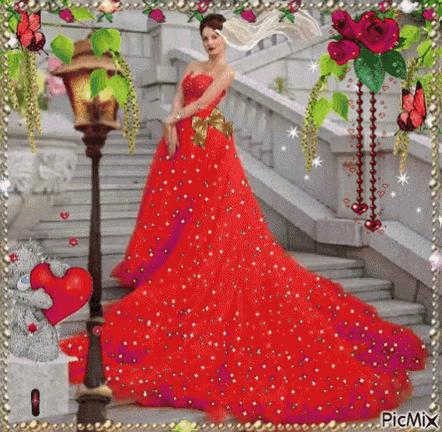 a woman in a long red dress is standing on stairs