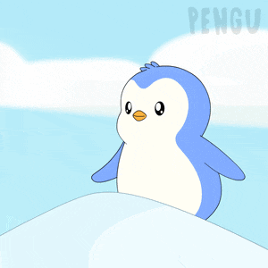 a blue and white penguin holding a red flag with the word pengu on the bottom