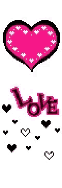 a pixel art of a pink heart with the word love on it surrounded by hearts .