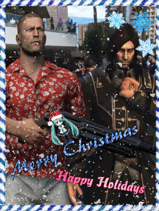 a christmas card with two men holding guns and the words merry christmas and happy holidays