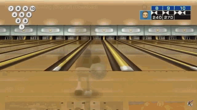 a bowling alley with a blue ball in the middle of the lanes