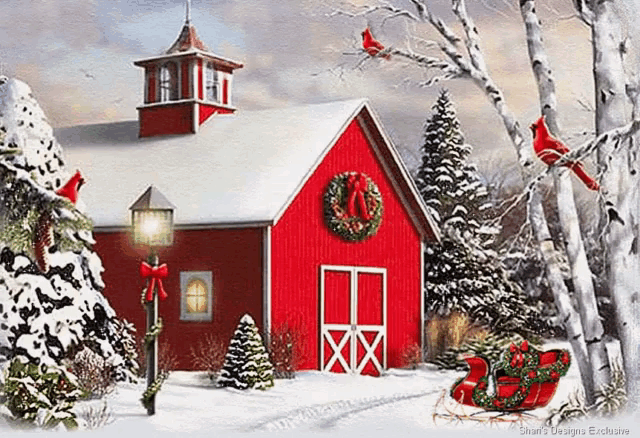 a painting of a red barn decorated for christmas with cardinals and a sleigh
