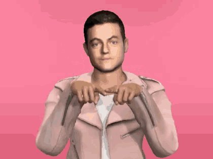a man in a pink leather jacket is making a peace sign with his hands
