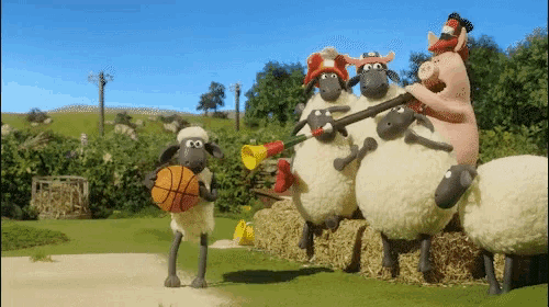 a cartoon sheep holding a basketball and a horn