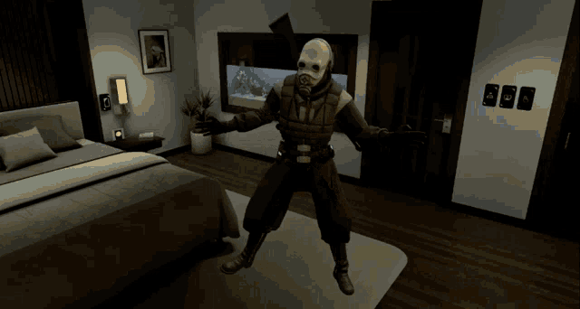 a man in a gas mask stands in a bedroom with a bed
