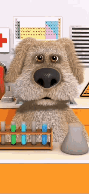 a cartoon dog is standing in front of a table with test tubes and a beaker