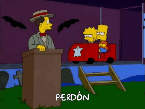 a cartoon of bart simpson giving a speech in front of a podium that says perdón