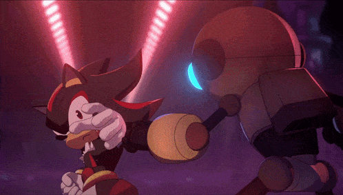 shadow the hedgehog is fighting a robot with a purple background