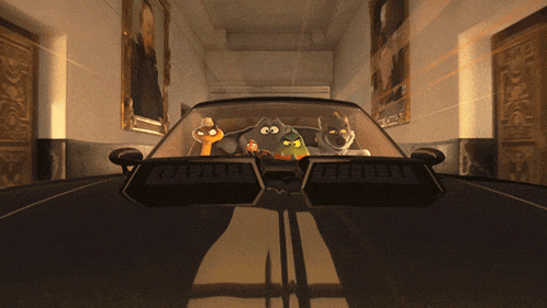a group of cartoon characters are driving down a road