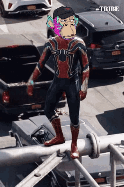 a monkey in a spiderman costume is standing on a railing