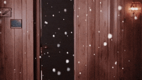 a room with a wood paneled wall and a black door