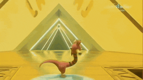a cartoon character is dancing in front of a sign that says ' interstellar '