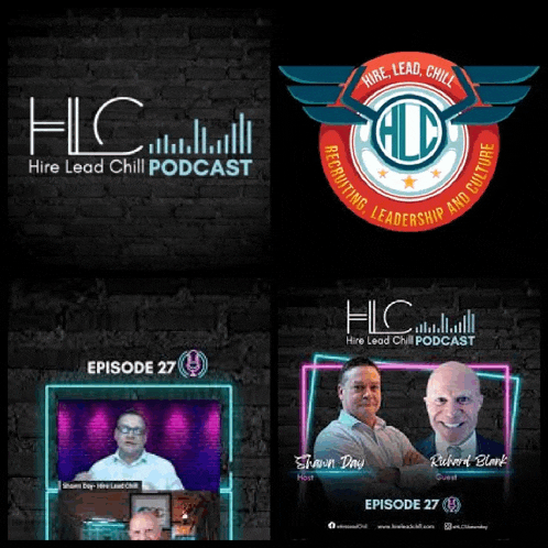 four logos for hire lead chill podcast are shown on a black background