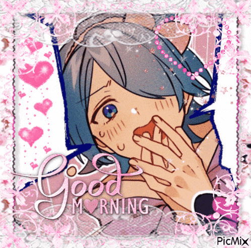 a picture of a girl with the words " good morning " on it