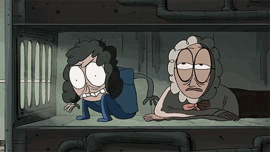 a cartoon of a man and an older woman looking out of a cage