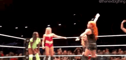 a group of female wrestlers are standing in a wrestling ring .
