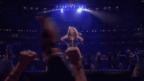 a woman is singing into a microphone in front of a crowd of people at a concert .