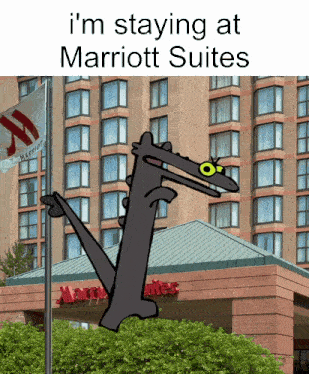 a cartoon drawing of a dinosaur in front of a marriott hotel