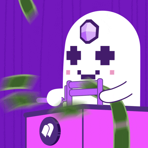 a cartoon of a ghost holding a bunch of money and a purple coin