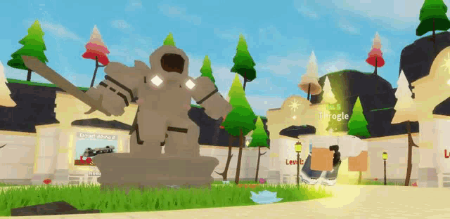 a statue of a robot holding a sword in a video game