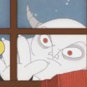a cartoon character is looking out of a window and making a funny face .