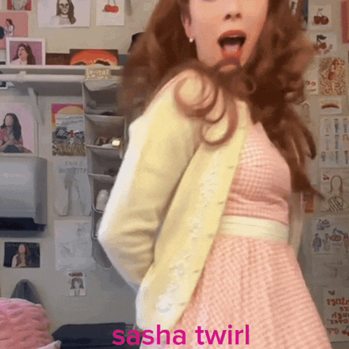 a woman in a pink dress is dancing with the words sasha twirl written below her