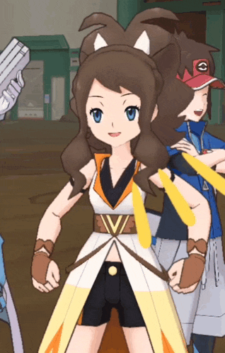 a girl in a white and orange outfit has a v on her belt