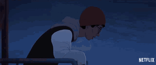 a cartoon of a man leaning on a railing with a netflix logo in the corner