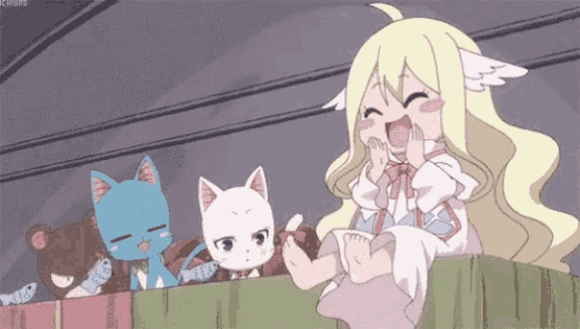 a cartoon of a girl sitting on a ledge with two cats behind her