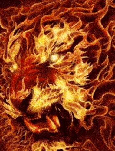 a painting of a tiger with flames surrounding it