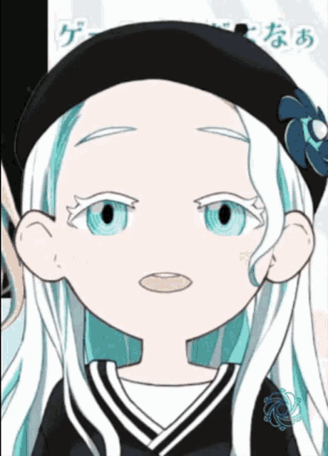 a cartoon girl with long white hair and blue eyes wearing a black hat