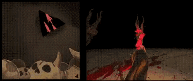 a cartoon of a devil standing next to a pile of skulls and blood .