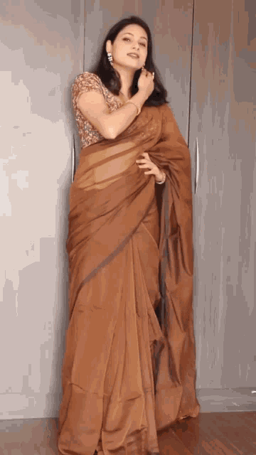 a woman wearing a brown saree is standing in front of a wardrobe