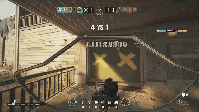 a screenshot of a video game with a 4 vs 1 score