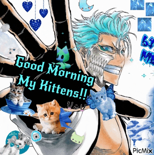 a picture of a man with a kitten in his pocket that says " good morning my kittens "