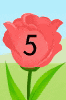 a red flower with the number 5 on it and green leaves .