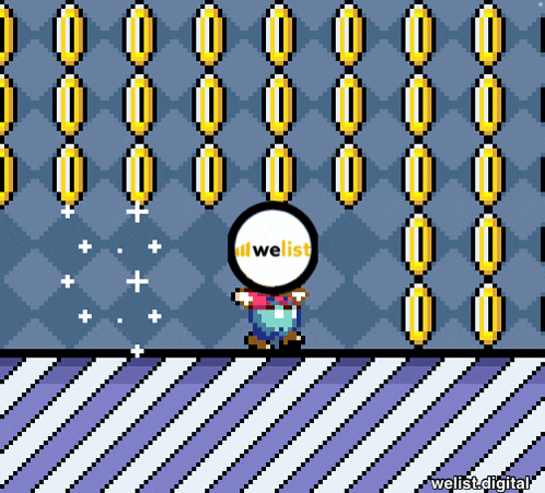 a pixel art drawing of a person holding a ball with the word welist on it