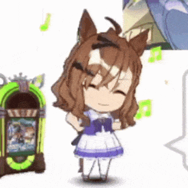 a little girl with horse ears is standing next to a jukebox and smiling .