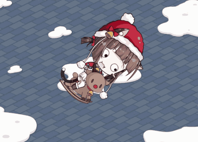 a girl wearing a santa hat is riding a reindeer