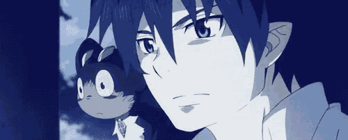 a blue haired anime character with a black cat behind him