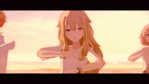 a group of anime girls are dancing on the beach at sunset