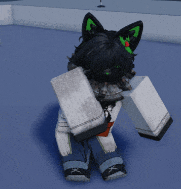 a cartoon character with black hair and green ears is standing on a blue background