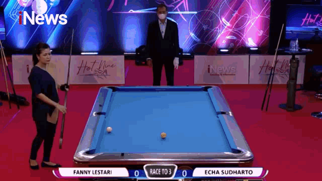 fanny lestari is playing pool against echa sudharto in the race to 3