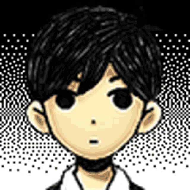 a pixel art drawing of a boy with black hair and a choker around his neck .