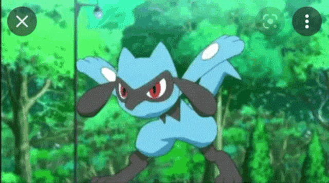 a blue and black pokemon is standing in a forest .