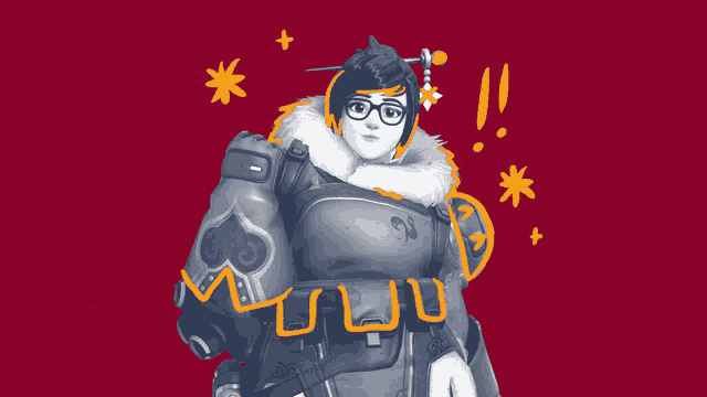 a cartoon drawing of mei-mei with a red background