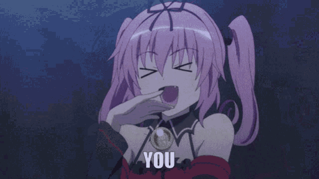 a girl with purple hair is licking another girl 's face and the word me is on the bottom right