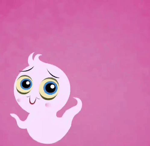 a cartoon ghost with big blue eyes and a sad face on a pink background